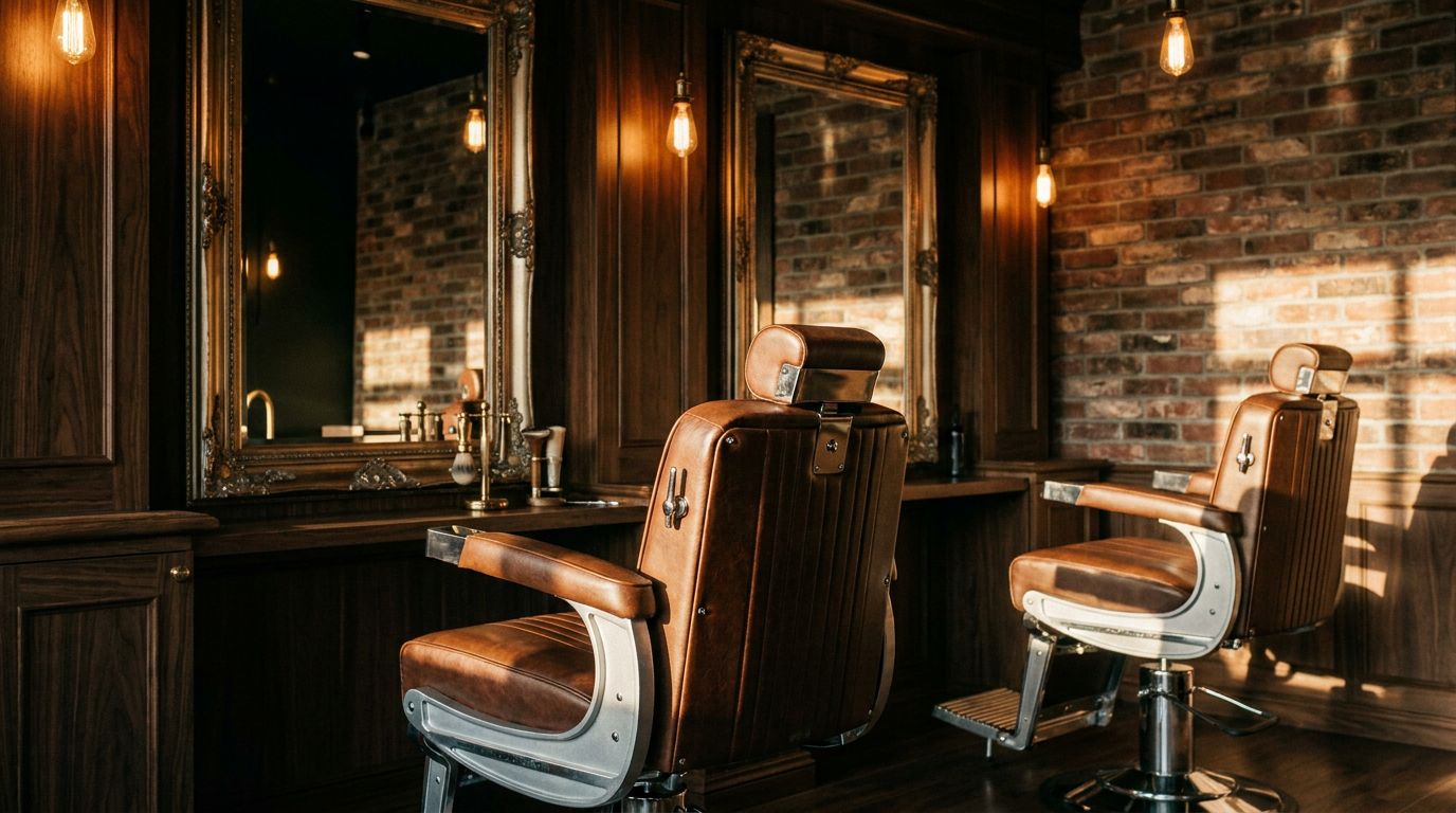 Interior of Wisconsin Barber with vintage leather barber chairs, wood paneling and exposed brick